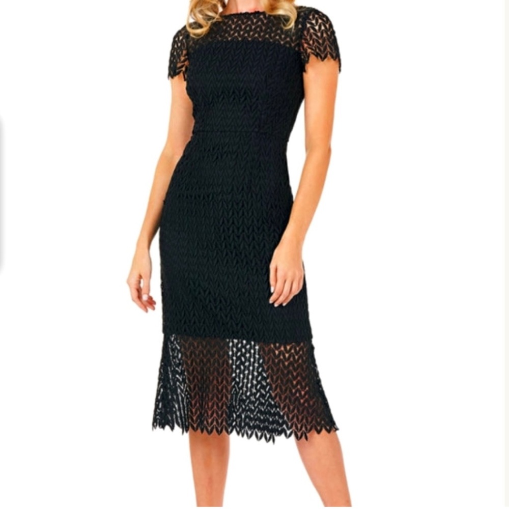 NWT Kay Unger Tatum Floral Lace Midi Dress Black Size 16
